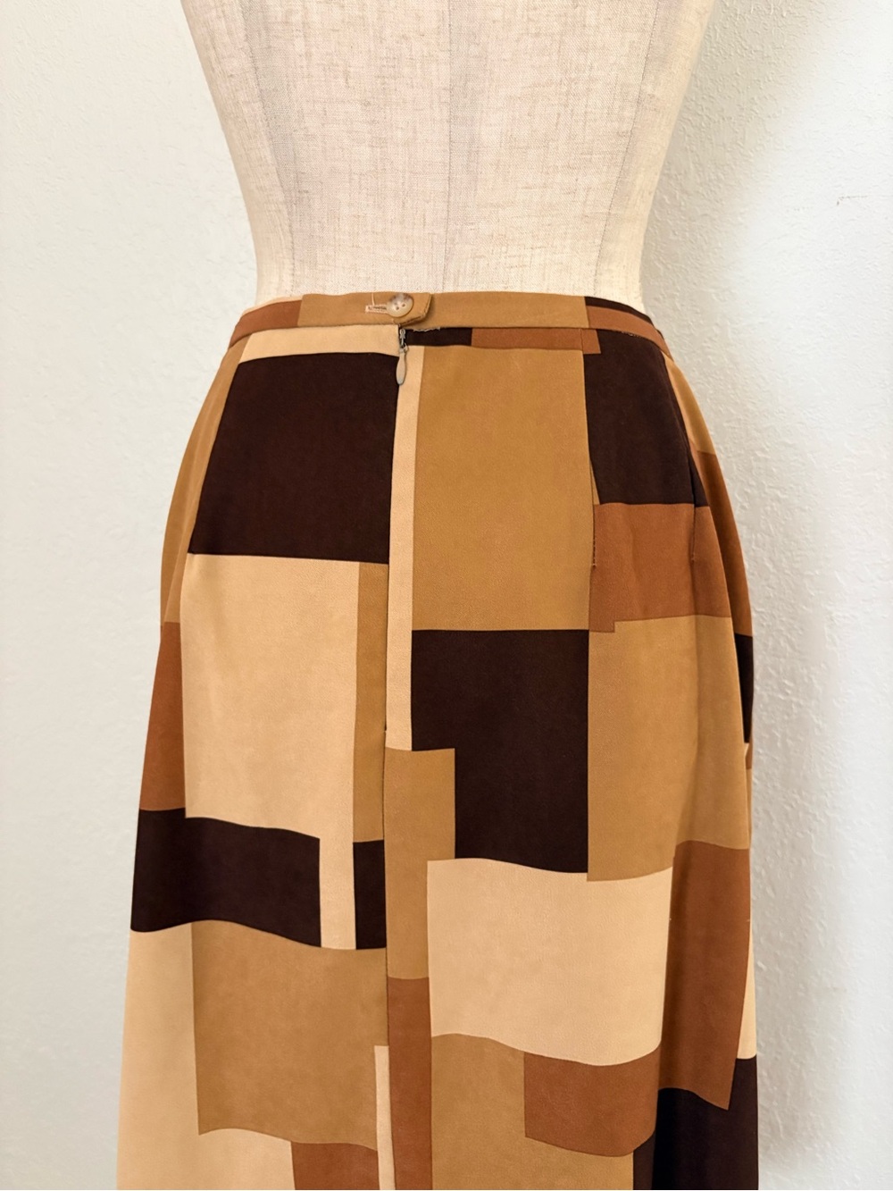 VTG 90s Y2k Brown Patchwork Geometric Midi Straight Skirt Brown Tan 16 - Picture 2 of 14